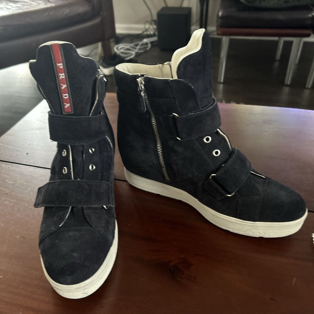 Prada Womens Black Suede 1” Heel Zip Up Wedge High Top Sneaker Boots 40 EU 10 US - Picture 11 of 14
